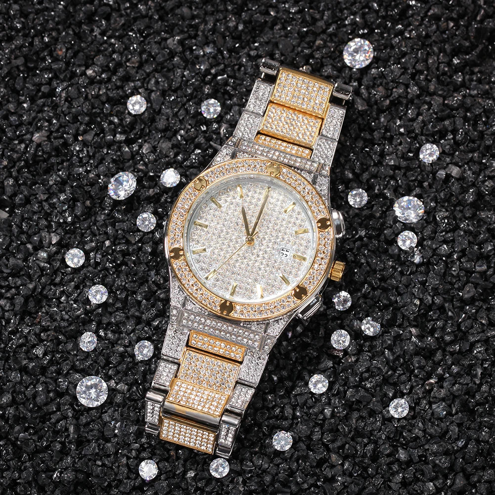 Uwin Round Full Iced Out Watches Men Stainless Steel Fashion Luxury Rhinestones Quartz Business Watch