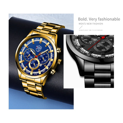 Fashion Mens Watches Luxury Men Sports Gold Stainless Steel Quartz Wrist Watch Man Business Casual Leather Watch часы мужские