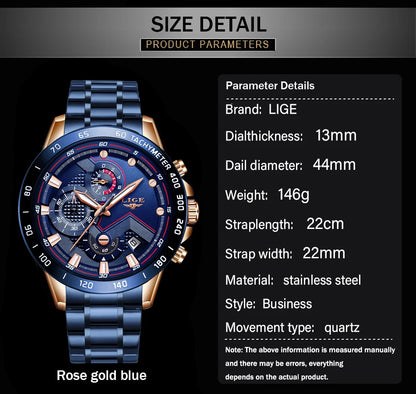 2025 New LIGE Fashion Mens Watches Stainless Steel Top Brand Luxury Sport Chronograph Quartz WithWatch For Men Relogio Masculino