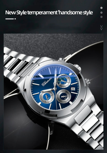 Men's Watches Classic Multifunctional Chronograph Sports Watch Top Luxury Stainless Steel Waterproof Luminous Quartz Wristwatch