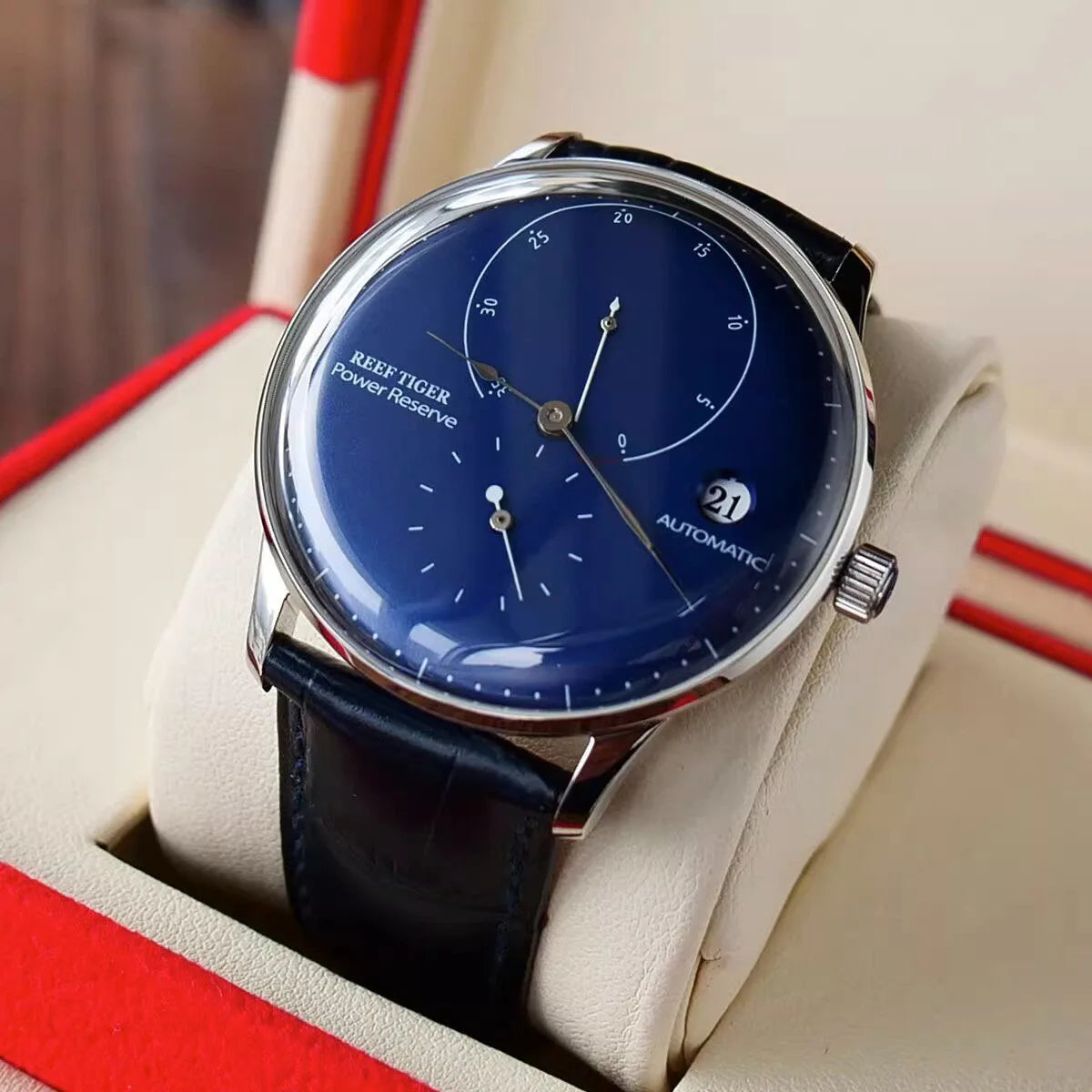 Waterproof Mechanical Watch for Men with Date and Power Reserve Display Stainless Steel Case sapphire Crystal 42mm Large Dial