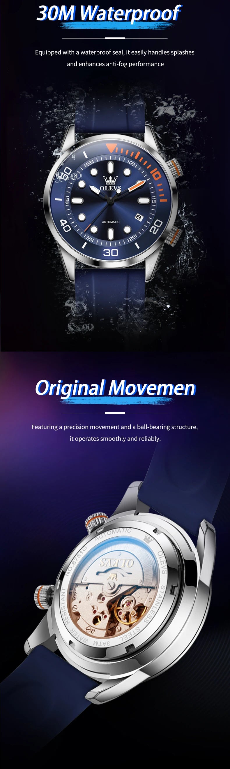OLEVS Watches for Men Top Luxury Brand Automatic Mechanical Watch Super Waterproof Luminous Swim Diving Watch Reloj 6751