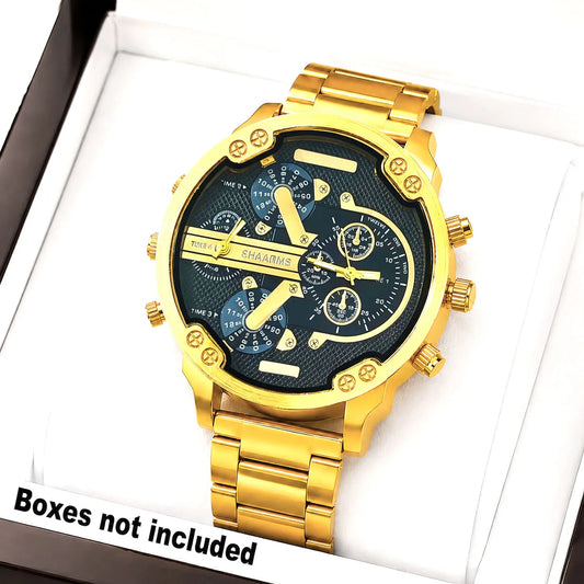 A stylish gold-colored business men's watch with a steel band and a robust case, an essential accessory for the modern man