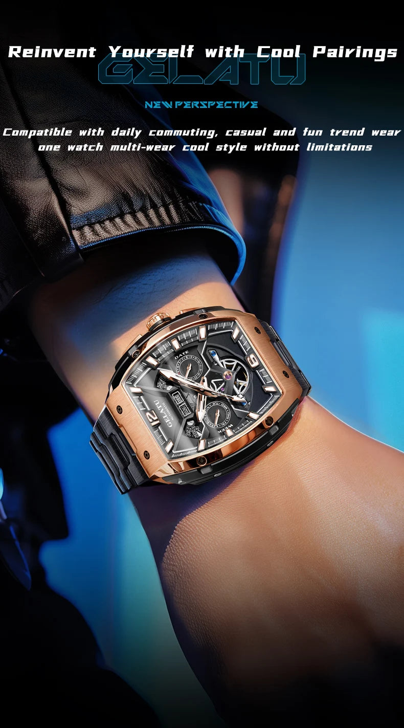 Reloj Hombre Watches Mens GELATU Top Brand Luxury Rose Black Skeleton Tourbillon Automatic Mechanical Watch for Men Waterproof