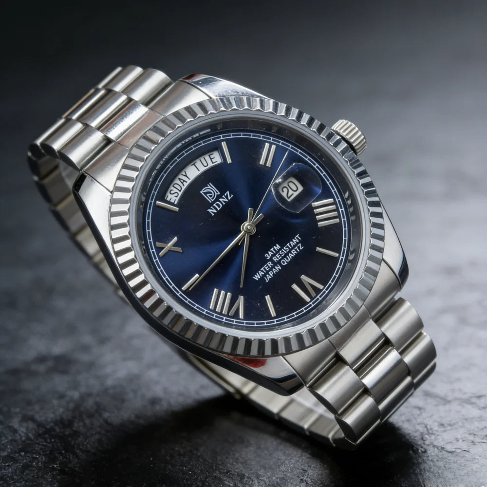 Fashionable waterproof couple's wristwatch, men business quartz watch, date and timing function, steel strap, Japanese movement
