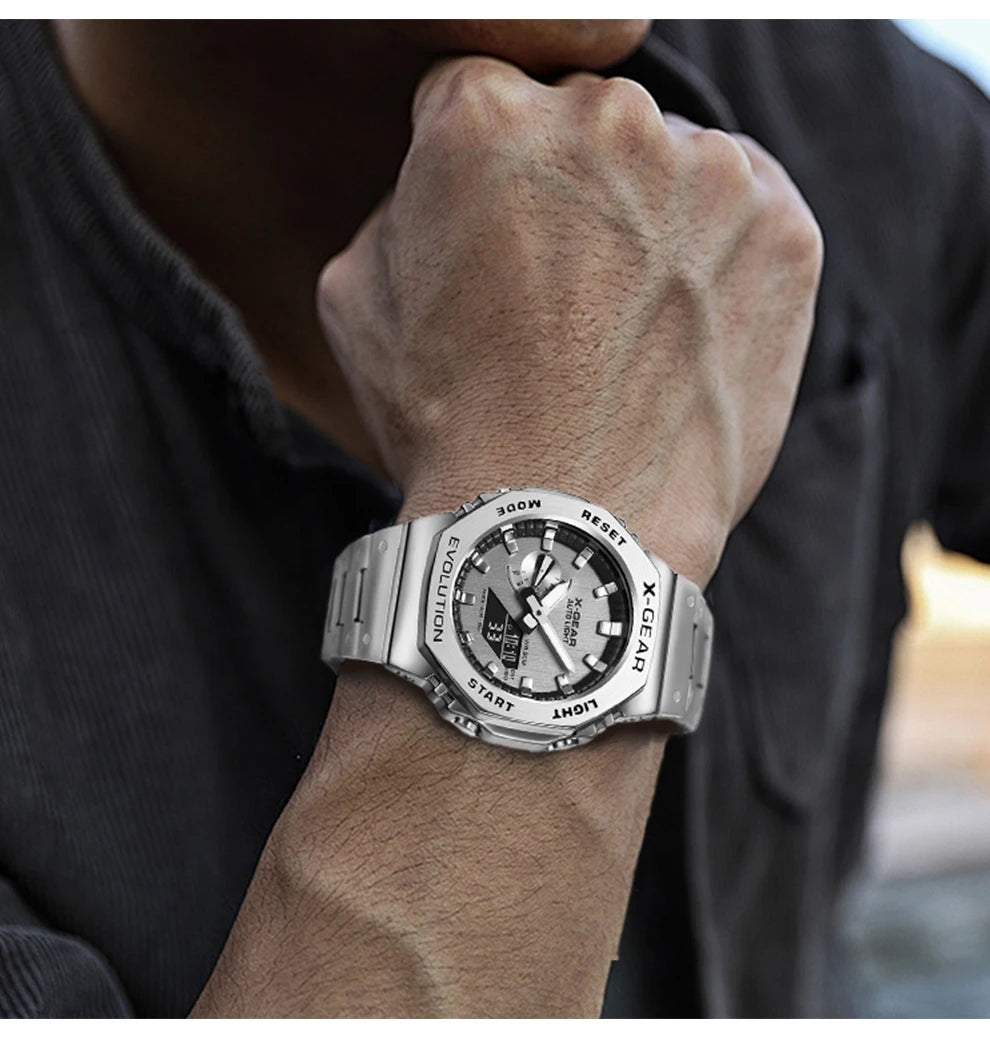 Sports Digital Electronic Unisex Watch Stainless Steel Strap LED Dual Display Multi Function Alloy Large Dial Wristwatch