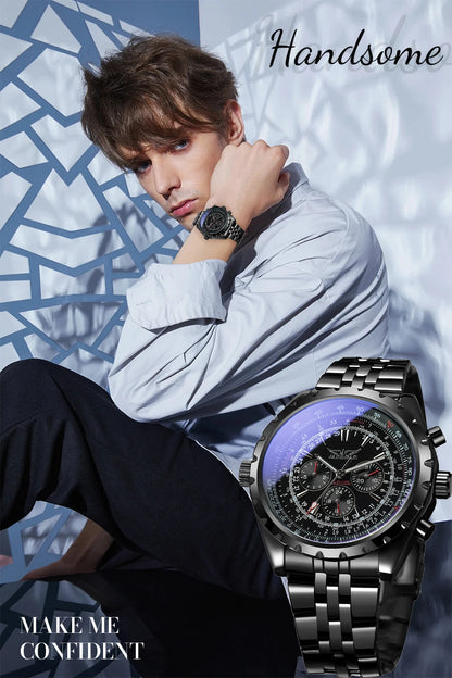 JARAGAR Original Blue Glass Big Dial Multifunctional Automatic Men's Watches Stainless Steel Vintage Mechanical Waterproof Clock