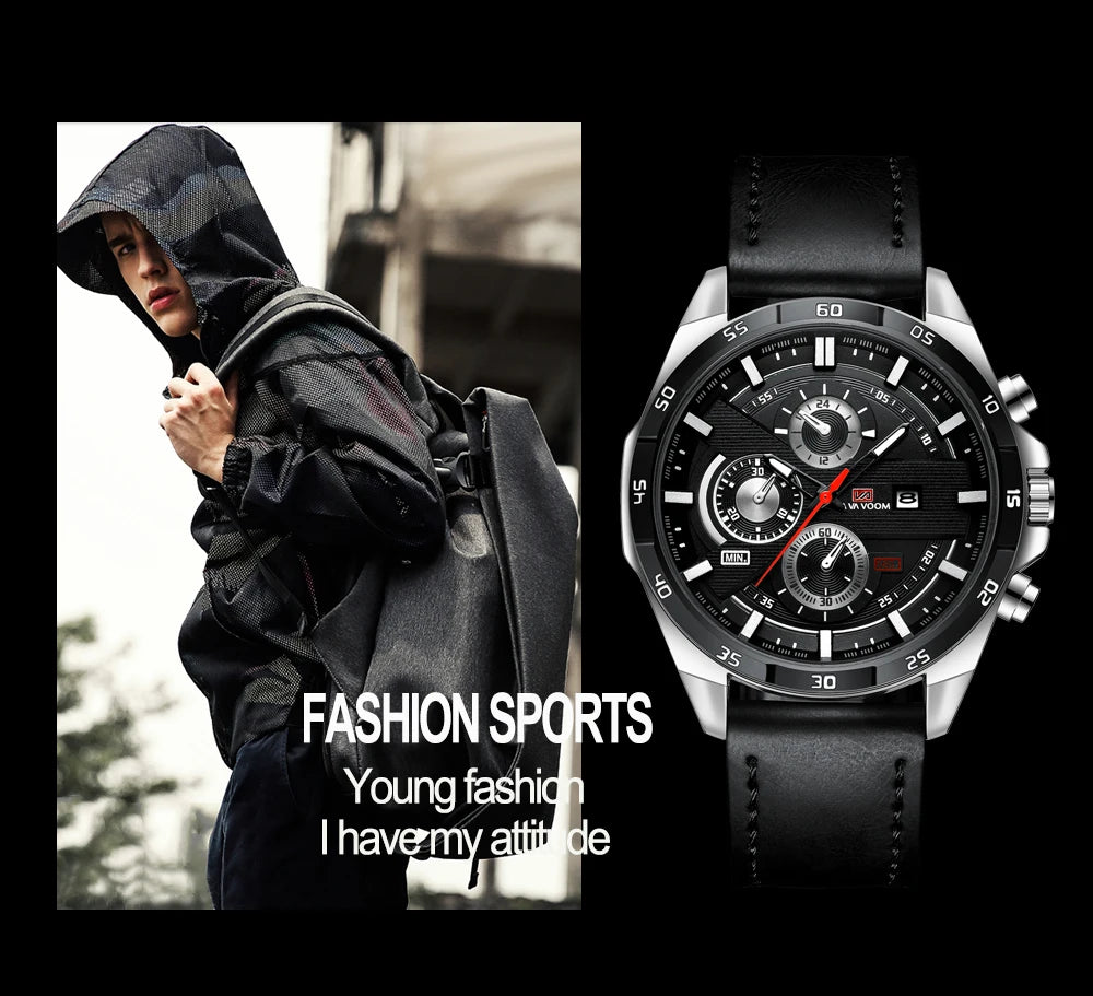 Men Sports Watch 46mm Black Leather Racing Series Everyday Wear  Fashion Original Rose Gold Dial Quartz Watches Relogio Masculin