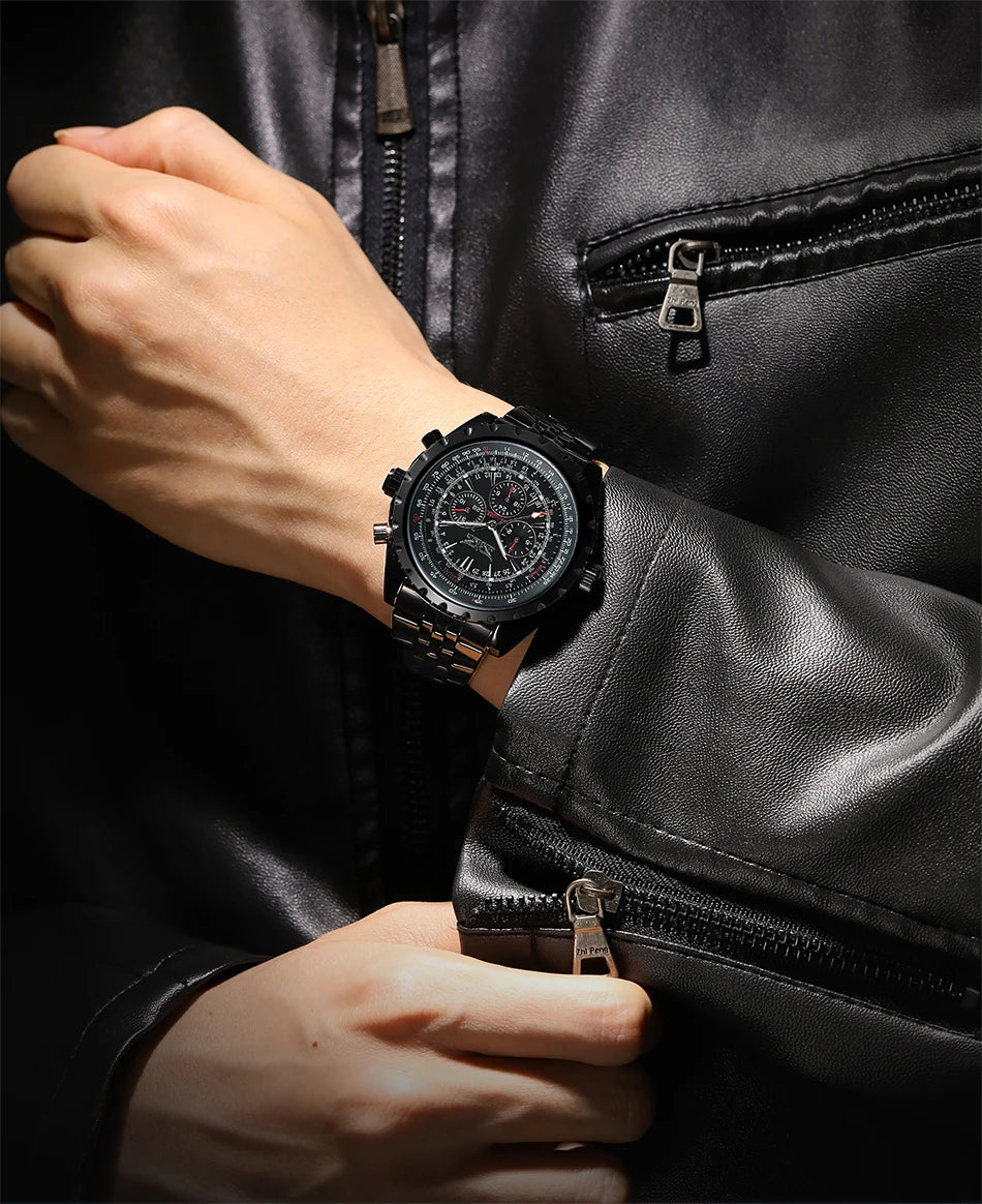 JARAGAR Original Blue Glass Big Dial Multifunctional Automatic Men's Watches Stainless Steel Vintage Mechanical Waterproof Clock