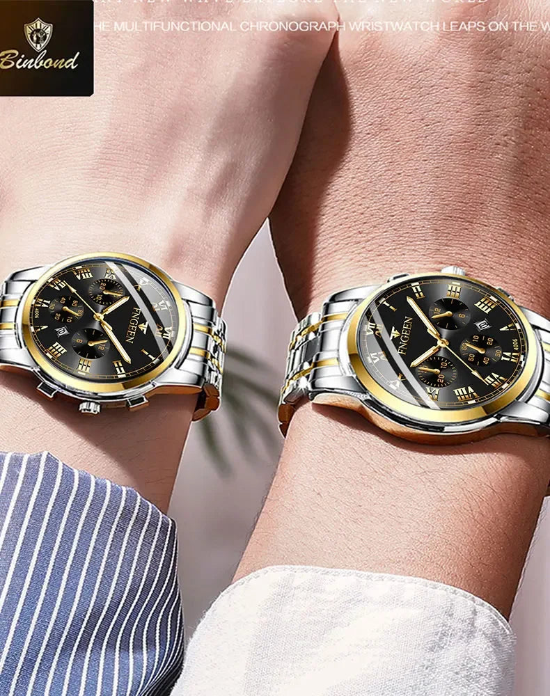 BINBOND Fashion 2pcs/Set Couple Watches Casual Men Ladies for Quartz Watch Lover Waterproof Stainless Steel Valentine Gift Watch