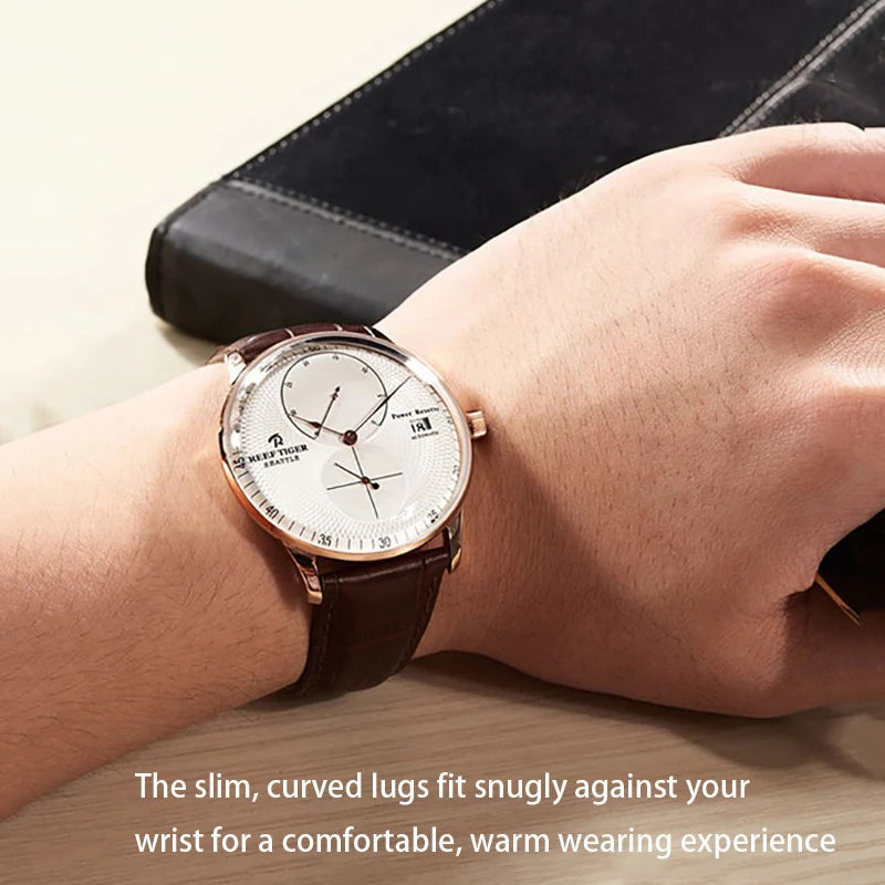 Waterproof Mechanical Watch for Men with Date and Power Reserve Display Stainless Steel Case sapphire Crystal 42mm Large Dial