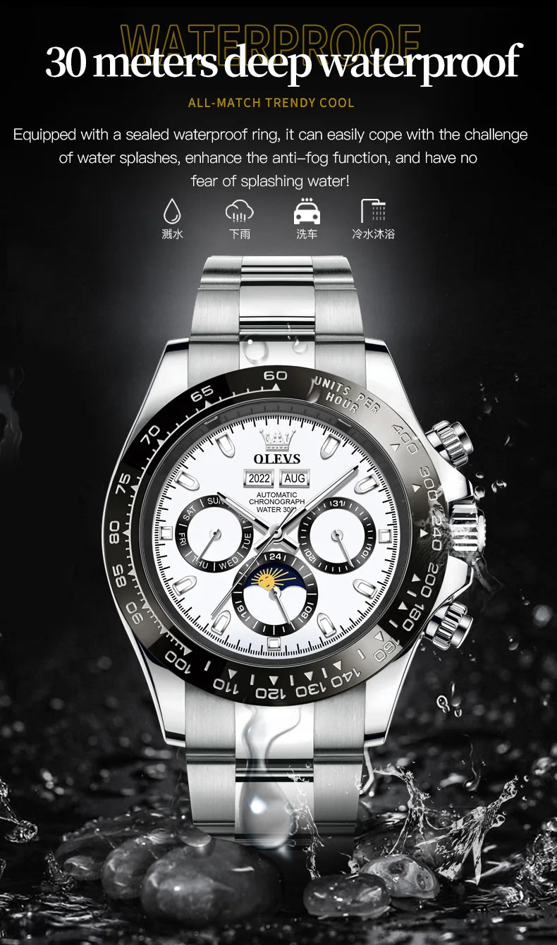 OLEVS 6654 Top Brand Men's Watches Classic Fashion Automatic Mechanical Watch for Man Complete Calendar Moon Phase Waterproof