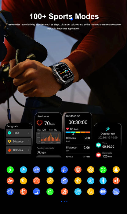 2026 New Men's Smart Watch LED Flashlight IP68 waterproof Outdoor Sports Watch Health Monitoring Fitness tracker for IOS Android