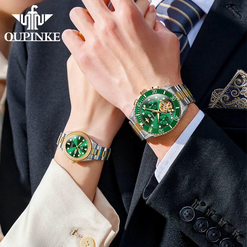 OUPINKE 3229+3205 Couple Watch Pair for Men Women Diving Series Flywheel Design Luxury Imported Movement Lover's Wedding Watches
