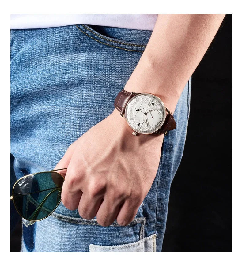Waterproof Mechanical Watch for Men with Date and Power Reserve Display Stainless Steel Case sapphire Crystal 42mm Large Dial