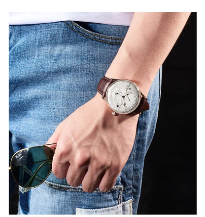 Waterproof Mechanical Watch for Men with Date and Power Reserve Display Stainless Steel Case sapphire Crystal 42mm Large Dial