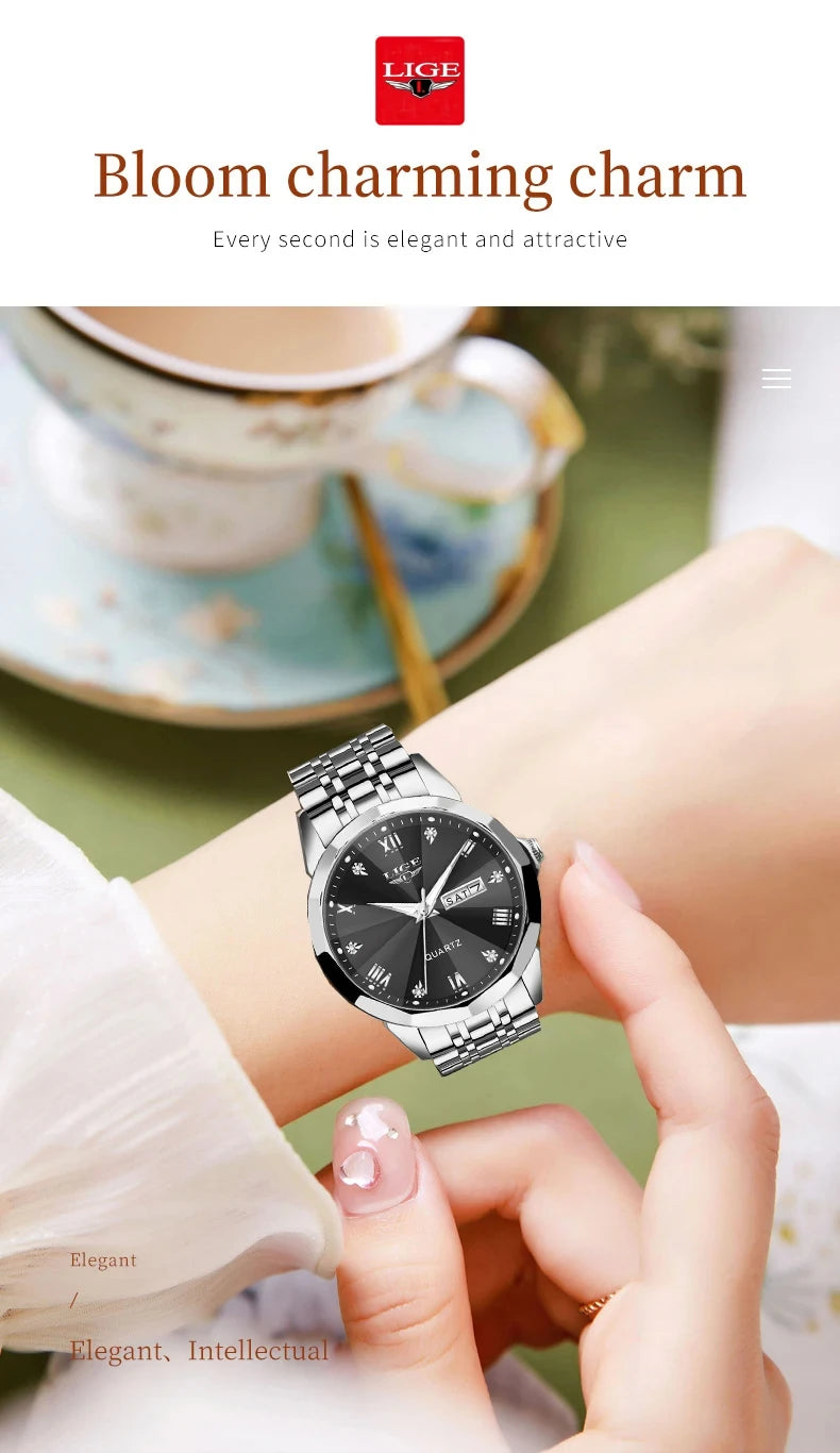 LIGE Top Brand New Fashion Women Watches Ladies Luxury Creative Steel Women Bracelet Watches Female Quartz Waterproof Watch Gift
