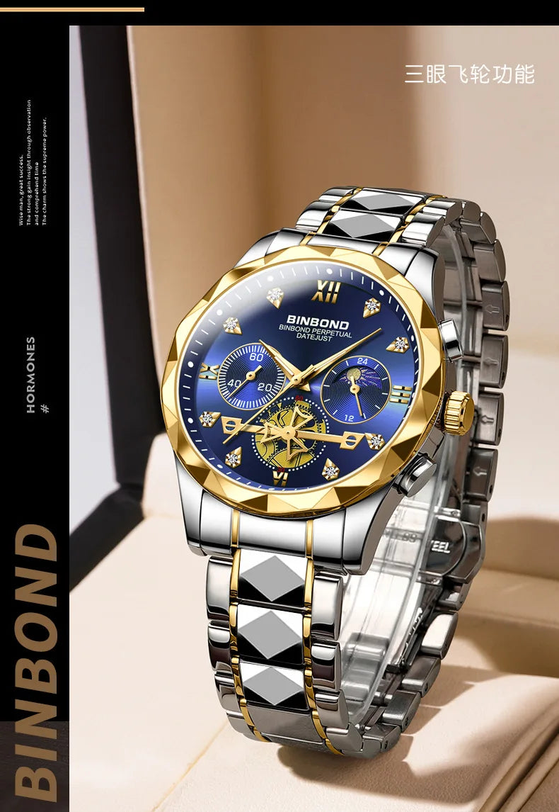 Multi Functional Quartz Watch, Versatile and Trendy Watch, Six Needle Timing, Casual and Trendy Men's Tungsten Steel Color