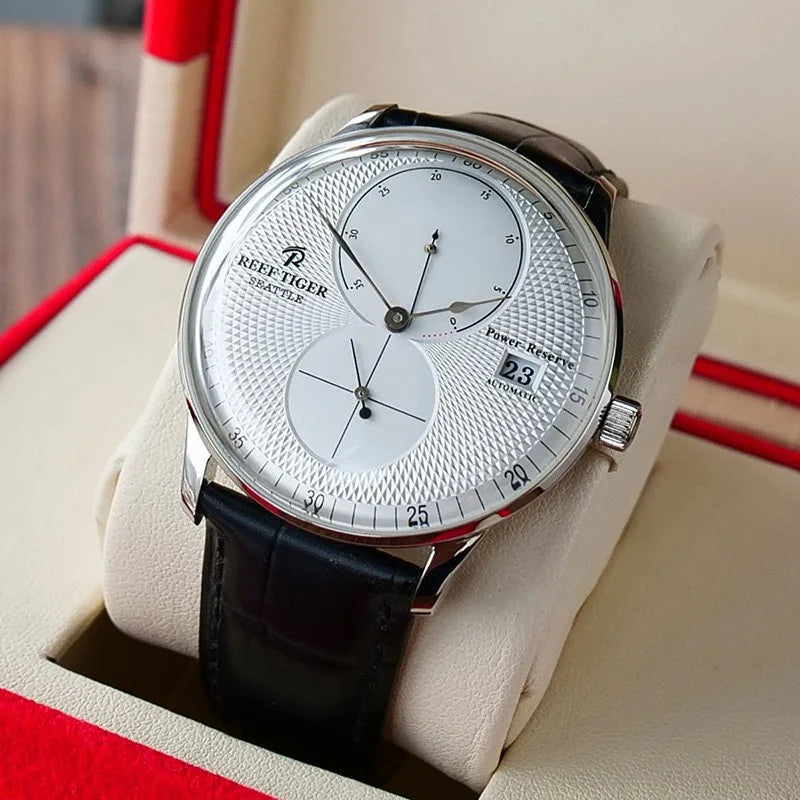 Waterproof Mechanical Watch for Men with Date and Power Reserve Display Stainless Steel Case sapphire Crystal 42mm Large Dial