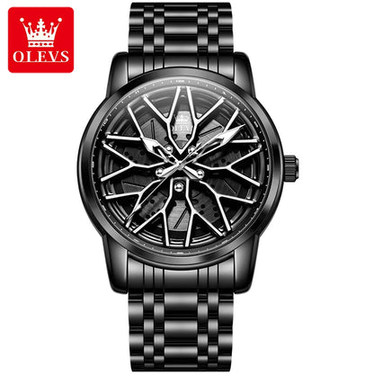 OLEVS Fashion Watch for Men Sport Car Rim Wheel Hub 360° Rotary Dial Quartz Watches Waterproof Stainless Steel Men's Wristwatch