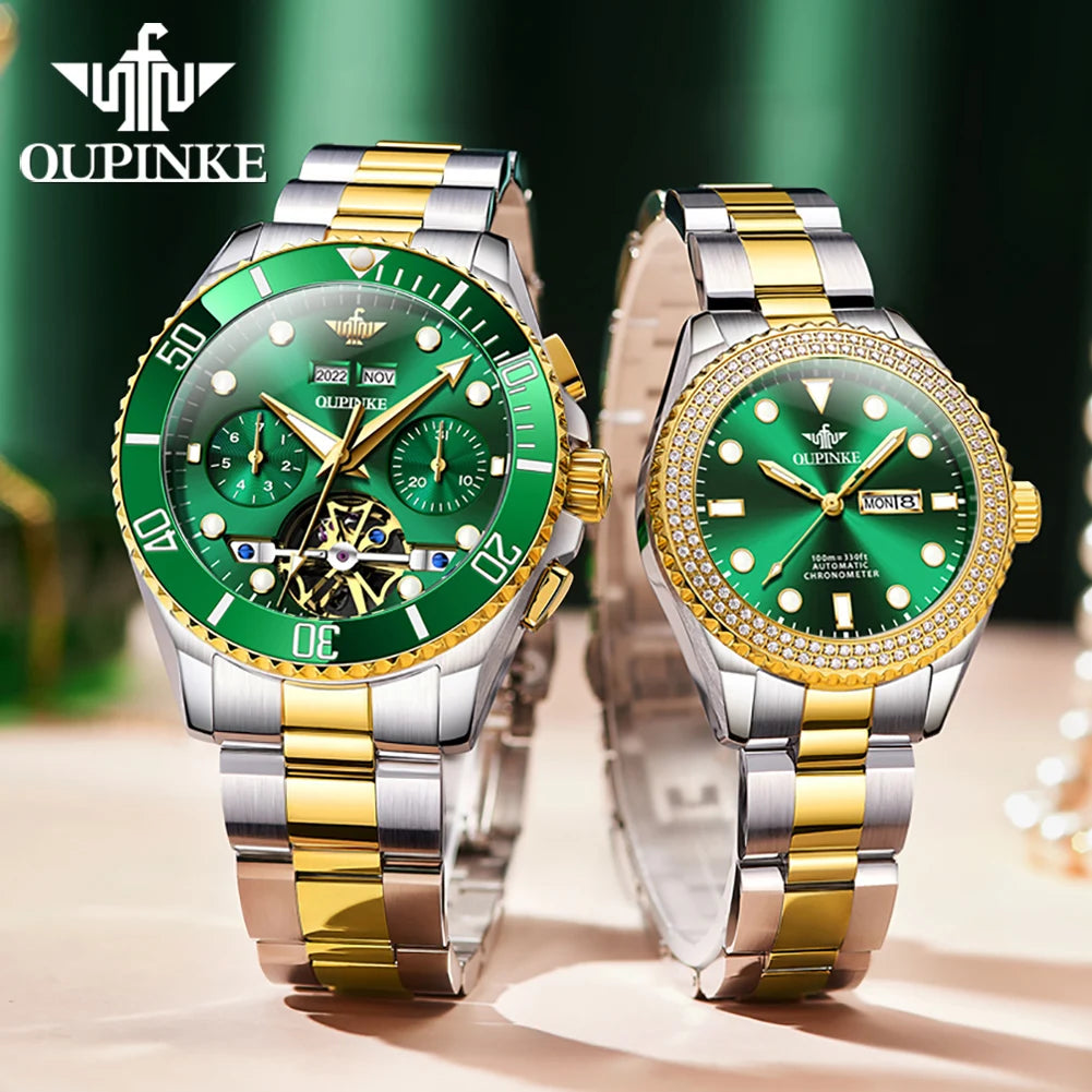 OUPINKE 3229+3205 Couple Watch Pair for Men Women Diving Series Flywheel Design Luxury Imported Movement Lover's Wedding Watches