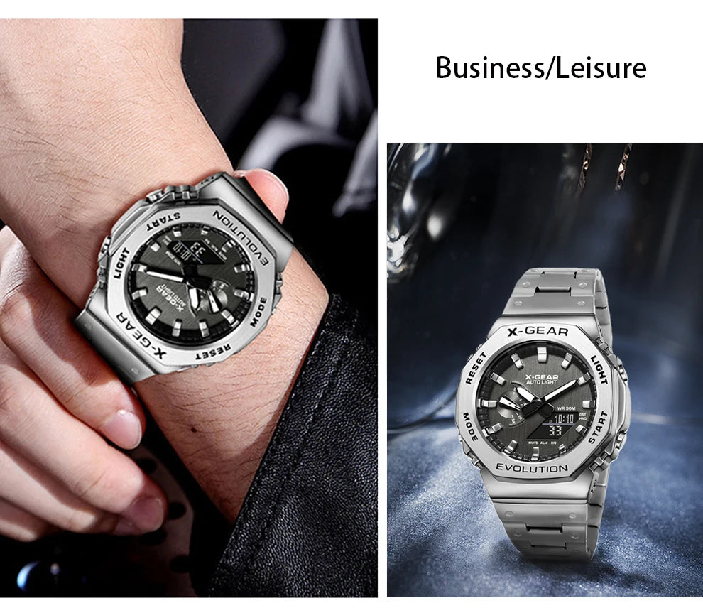 Sports Digital Electronic Unisex Watch Stainless Steel Strap LED Dual Display Multi Function Alloy Large Dial Wristwatch