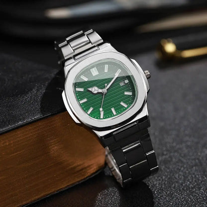 Luxury Men Business Watches Fashion Square Dial Stainless Steel Strap Quartz Watch with Calendar For Mens Clock（Without Box）
