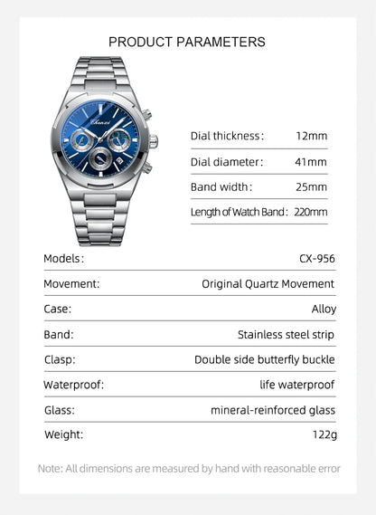 Men's Watches Classic Multifunctional Chronograph Sports Watch Top Luxury Stainless Steel Waterproof Luminous Quartz Wristwatch