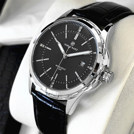 Genuine Men Wristwatch Business Sweep Movement Folding Fan Pattern Handsome Watches high-quality Leather Strap Clock  Has box