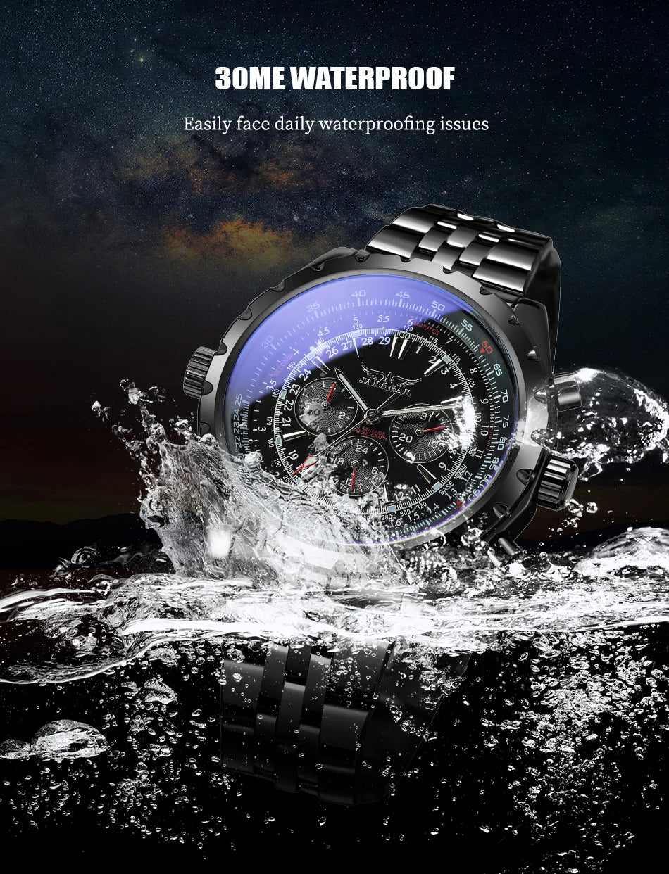 JARAGAR Original Blue Glass Big Dial Multifunctional Automatic Men's Watches Stainless Steel Vintage Mechanical Waterproof Clock