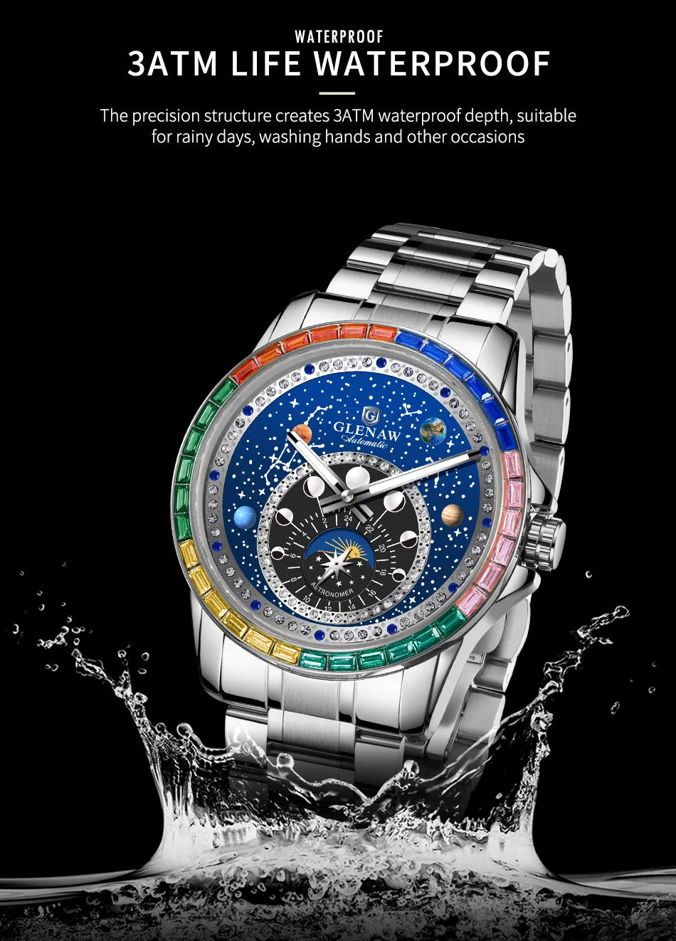 2026 GLENAW New Design Rainbow Circle Mechanical Watch Men Constellation Dial Night Light Waterproof Top Luxury Mechanical Watch