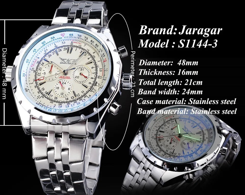 JARAGAR 212 Elegant Automatic Mechanical Watches for Man Hollowing Dial Chronograph Luminous Multifunctional Men Wristwatch