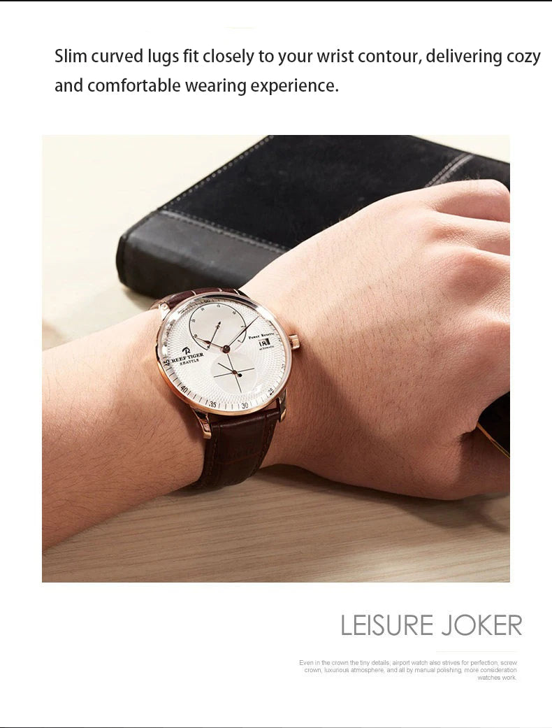 Waterproof Mechanical Watch for Men with Date and Power Reserve Display Stainless Steel Case sapphire Crystal 42mm Large Dial