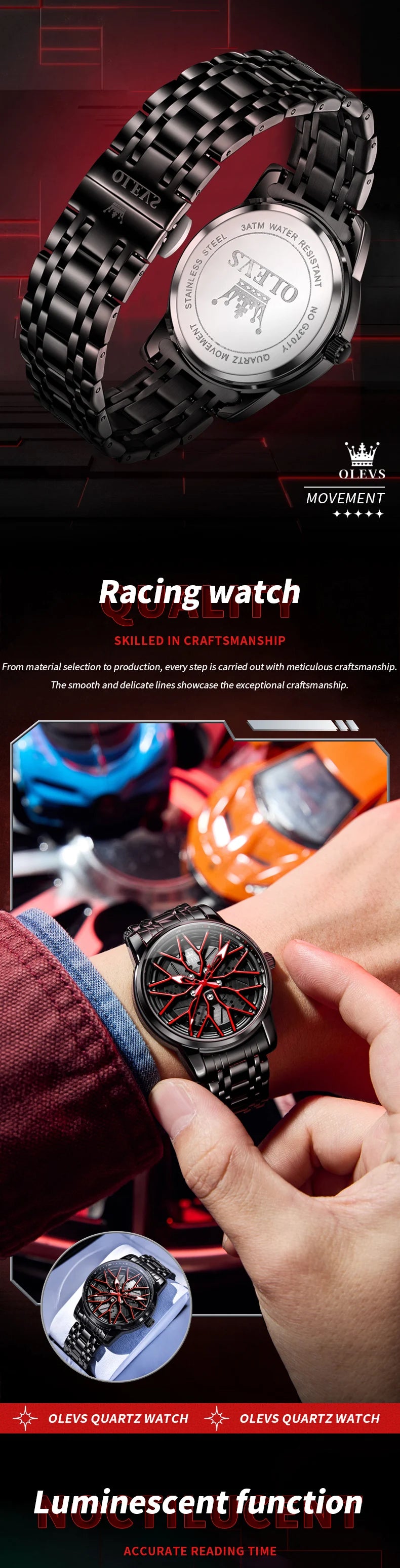 OLEVS Fashion Watch for Men Sport Car Rim Wheel Hub 360° Rotary Dial Quartz Watches Waterproof Stainless Steel Men's Wristwatch