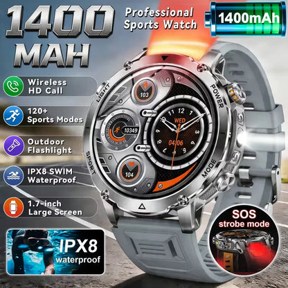 2026 Men SportsWatch, 1.7' Round HD Screen, 1400mAh, Dual LED (SOS Red+White), 120+ Sports, IPX8 Waterproof, Wireless Call, Gift
