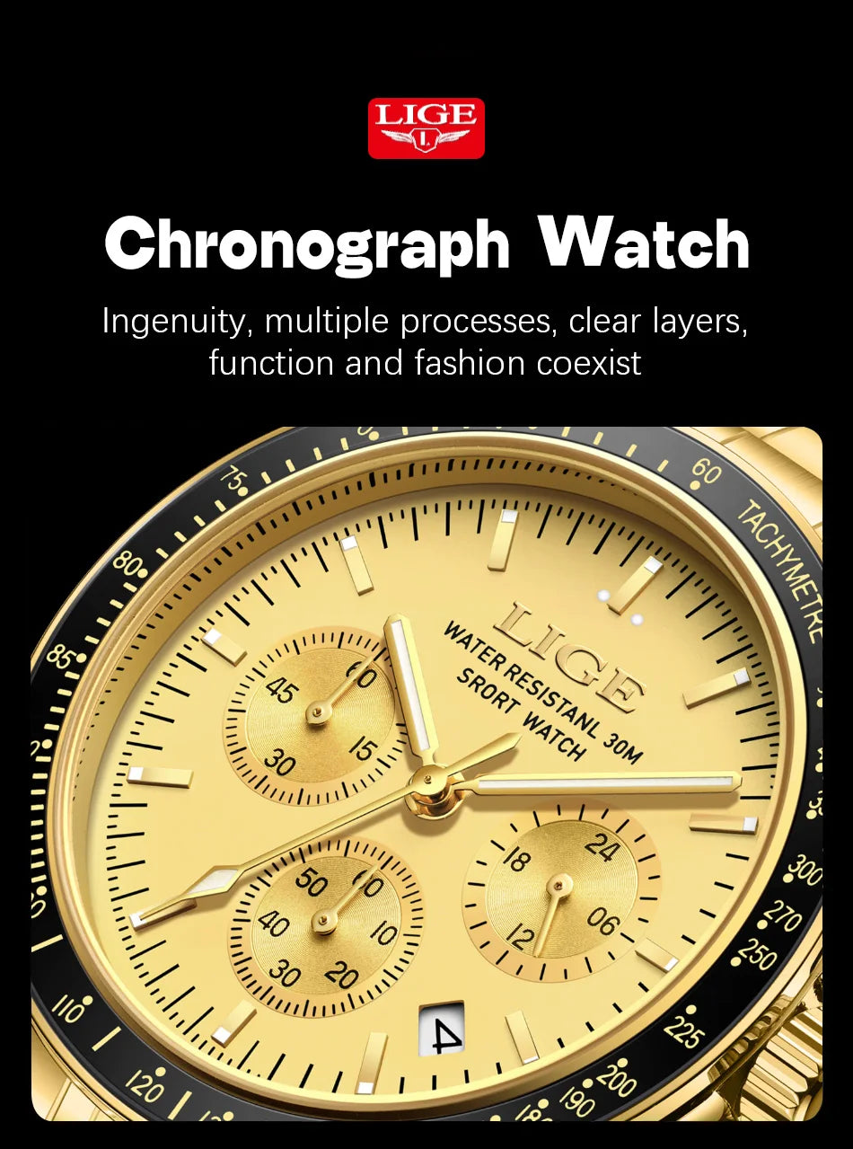 LIGE Top Brand Luxury New Mens Watches Waterproof Luminous Watch for Men Date Chronograph Sport Quartz Man Wristwatches+Box