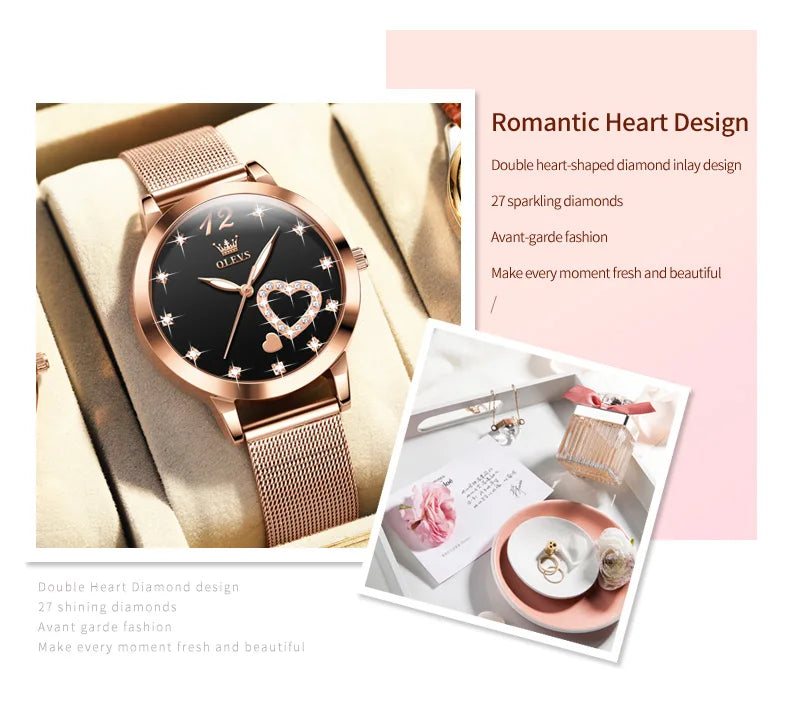 OLEVS 5189 Top Quartz Watch for Women Mesh Steel Strap Heart Design Waterproof Watches Simple Fashion Elegant Ladies Wristwatch