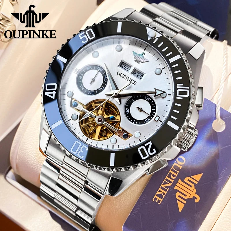 OUPINKE 3229+3205 Couple Watch Pair for Men Women Diving Series Flywheel Design Luxury Imported Movement Lover's Wedding Watches