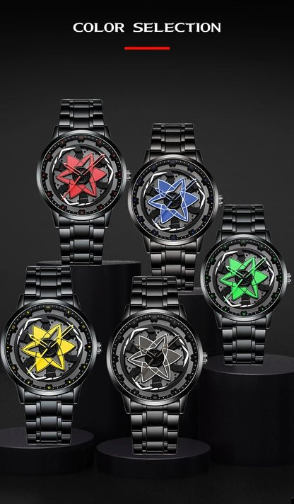 2025 New Watch Car Series Creative Rotating Quartz Movement Sports Style Black Stainless Steel Clock Men Couple Gift Wrist Watch