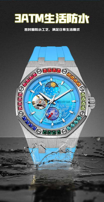 Men's Automatic Watch, Waterproof Watch, Rhinestone, Super Luminous Sun, Moon and Stars, Dial, Skeleton, Men's Gift Watch