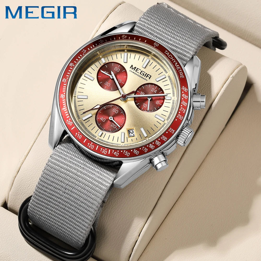 MEGIR New Luxury Men's Watches Canvas Weaving Strap Sport Automatic Chronograph Quartz Waterproof Wristwatch for Male 2247