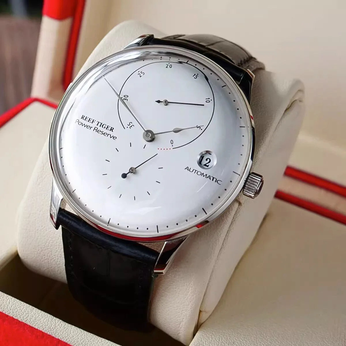 Waterproof Mechanical Watch for Men with Date and Power Reserve Display Stainless Steel Case sapphire Crystal 42mm Large Dial
