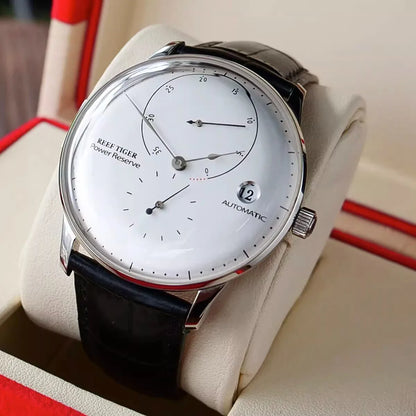 Waterproof Mechanical Watch for Men with Date and Power Reserve Display Stainless Steel Case sapphire Crystal 42mm Large Dial