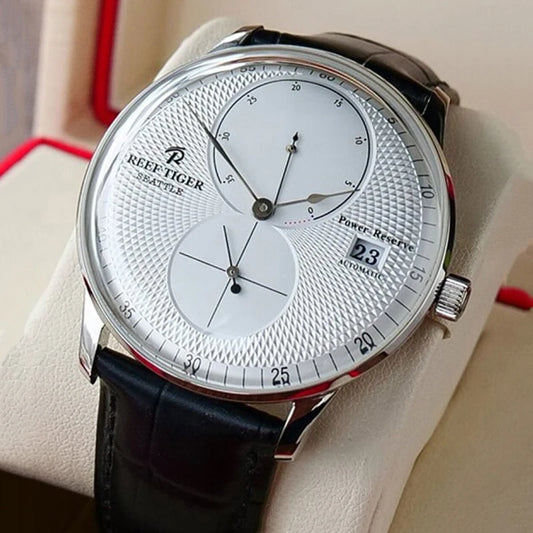Waterproof Mechanical Watch for Men with Date and Power Reserve Display Stainless Steel Case sapphire Crystal 42mm Large Dial