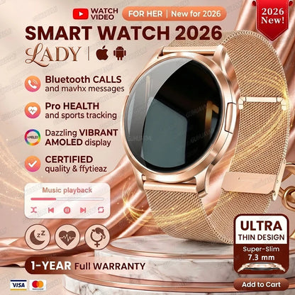 2026New Ladies' Smart Watch AMOLED Display Custom Dial Sport Fitness Health Tracke Waterproof Bracelet Music Digital Clock Women