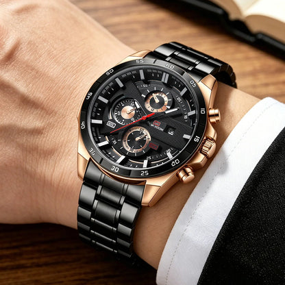 Men Sports Watch 46mm Black Leather Racing Series Everyday Wear  Fashion Original Rose Gold Dial Quartz Watches Relogio Masculin