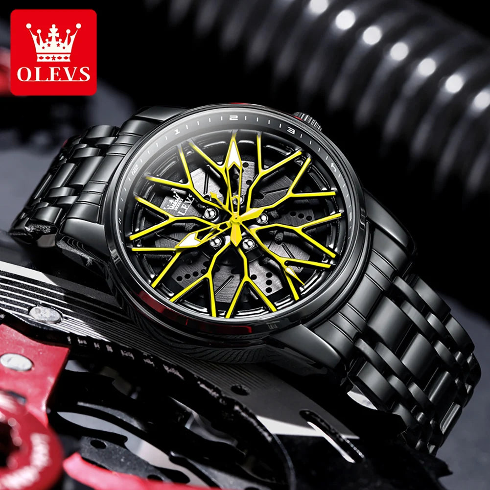 OLEVS Fashion Watch for Men Sport Car Rim Wheel Hub 360° Rotary Dial Quartz Watches Waterproof Stainless Steel Men's Wristwatch