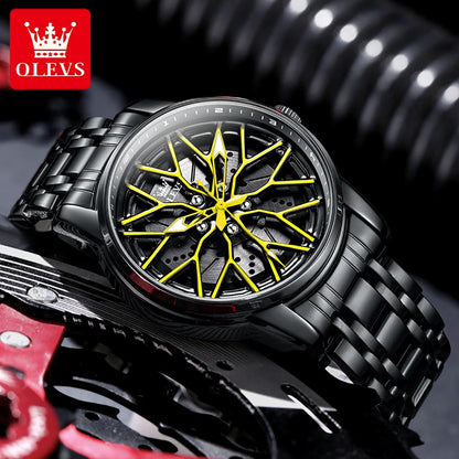 OLEVS Fashion Watch for Men Sport Car Rim Wheel Hub 360° Rotary Dial Quartz Watches Waterproof Stainless Steel Men's Wristwatch