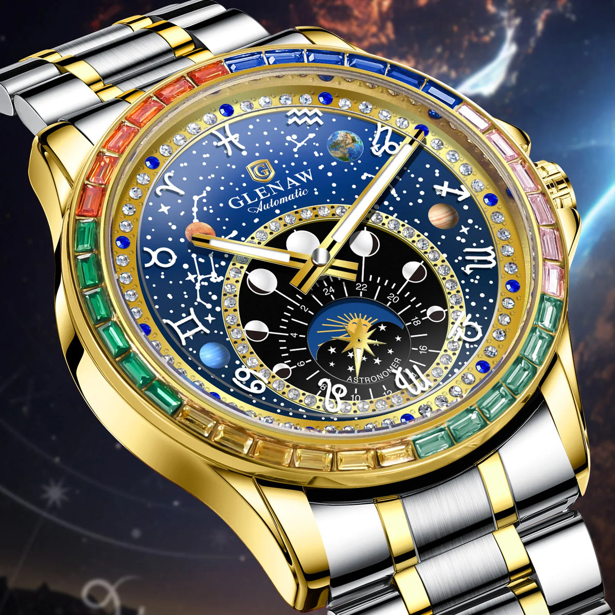 2026 GLENAW New Design Rainbow Circle Mechanical Watch Men Constellation Dial Night Light Waterproof Top Luxury Mechanical Watch