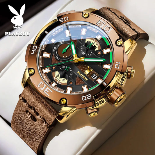 PLAYBOY Top Watches for Men Fashion Casual Leather Strap Auto Date Chronograph Waterproof Luminous Sports Quartz Wristwatch 3520
